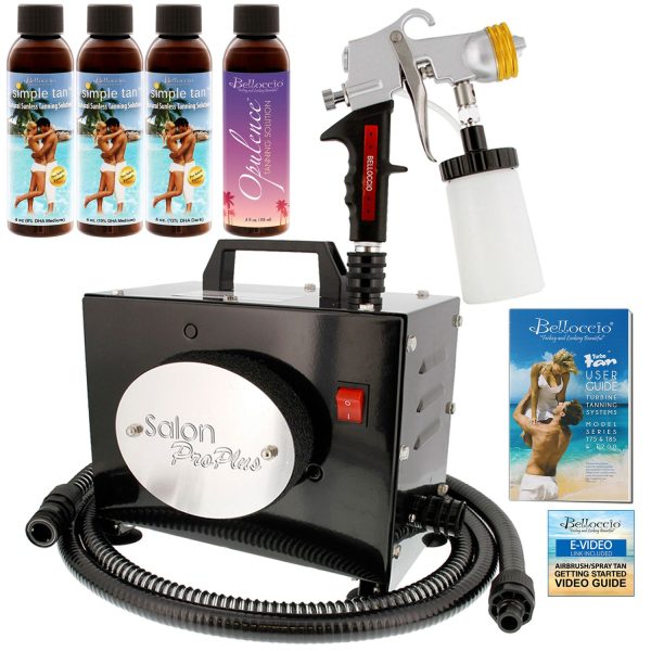 Salon Pro Plus T200-11, 2 Stage Turbine Sunless HVLP Spray Tanning System; Belloccio 4 Solution Variety Pack & Video For Cheap