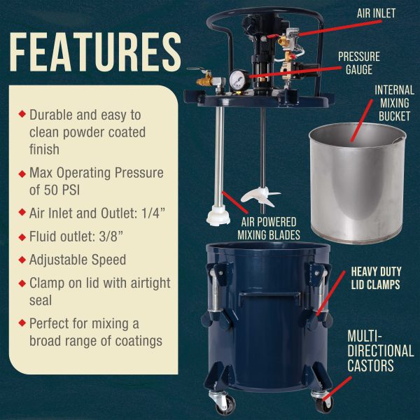 Commercial 5 Gallon (20 Liters) Spray Paint Pressure Pot Tank with Air Powered Mixing Agitator Online Sale - Image 3