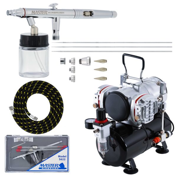 HI-FLOW All-Purpose Precision Dual-Action Siphon Feed Airbrush Set with Twin Cylinder Piston Airbrush Compressor with Air Storage Tank Online