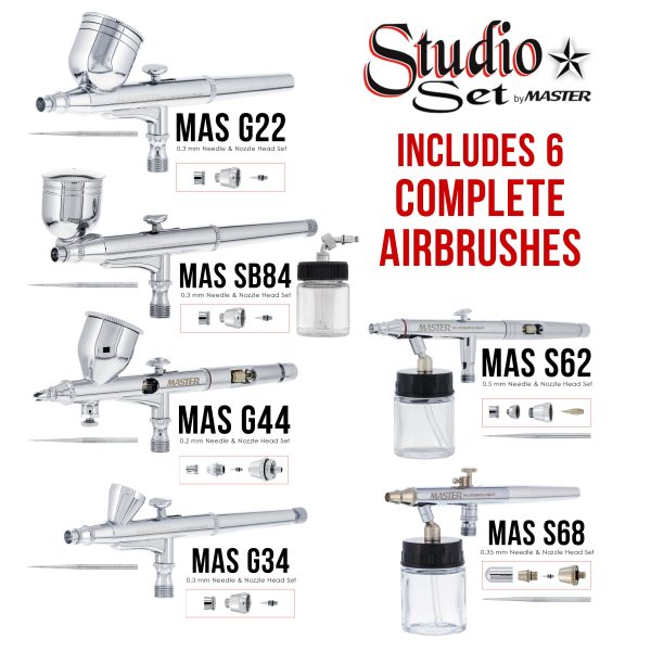 6 Master Model G22, G34 & G44 Gravity Feed, S62 & S68 Siphon Feed, S68 Side Feed Airbrushes with Air Compressor with Air Storage Tank Sale - Image 3