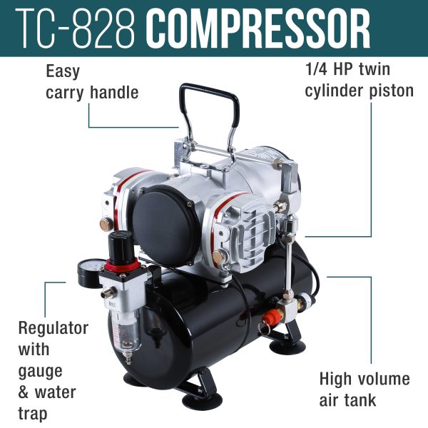 HI-FLOW All-Purpose Precision Dual-Action Siphon Feed Airbrush Set with Twin Cylinder Piston Airbrush Compressor with Air Storage Tank Online - Image 4