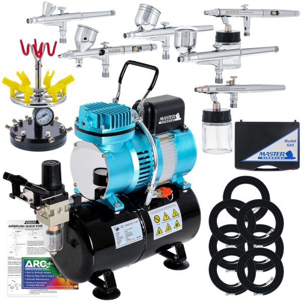 6 Master Model G22, G34 & G44 Gravity Feed, S62 & S68 Siphon Feed, S68 Side Feed Airbrushes with Air Compressor with Air Storage Tank Sale