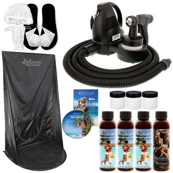 Belloccio Premium T75 Sunless HVLP Turbine Spray Tanning System; Simple Tan 4 Solution Variety Pack, Curtain, Accessories & Video Link For Discount - Image 2