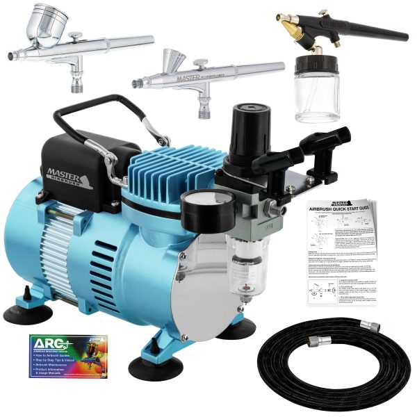Cool Runner II Dual Fan Air Compressor Airbrushing System Kit with 3 Airbrush Sets 0.2, 0.3mm Gravity & 0.8mm Siphon Feed - Hose, Holder, How-To Guide Online Hot Sale