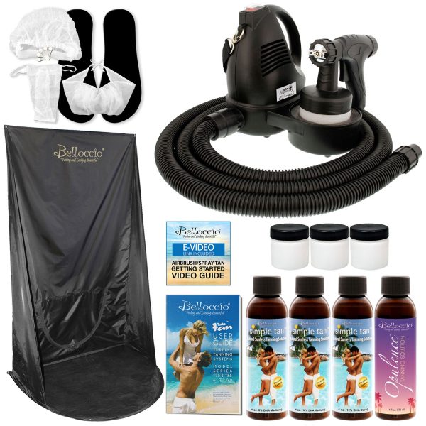 Belloccio Premium T75 Sunless HVLP Turbine Spray Tanning System; Simple Tan 4 Solution Variety Pack, Curtain, Accessories & Video Link For Discount