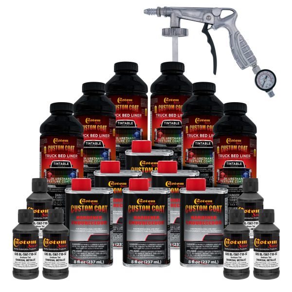 Charcoal Metallic 1.5 Gallon (6 Quart) Urethane Spray-On Truck Bed Liner Kit, Spray Gun & Regulator - Mix, Shake & Shoot - Textured Protective Coating For Sale