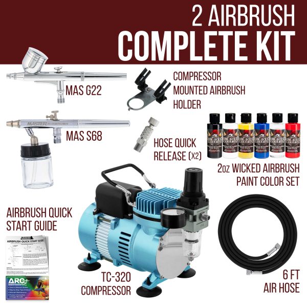 Multi-Purpose Airbrushing Kit with Cool Runner II Dual Fan Air Compressor, Air Hose & 6 Wicked Createx Colors For Cheap - Image 2