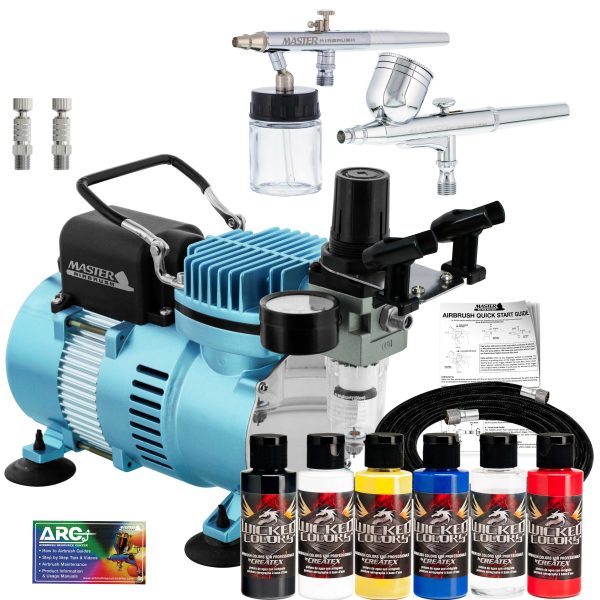 Multi-Purpose Airbrushing Kit with Cool Runner II Dual Fan Air Compressor, Air Hose & 6 Wicked Createx Colors For Cheap